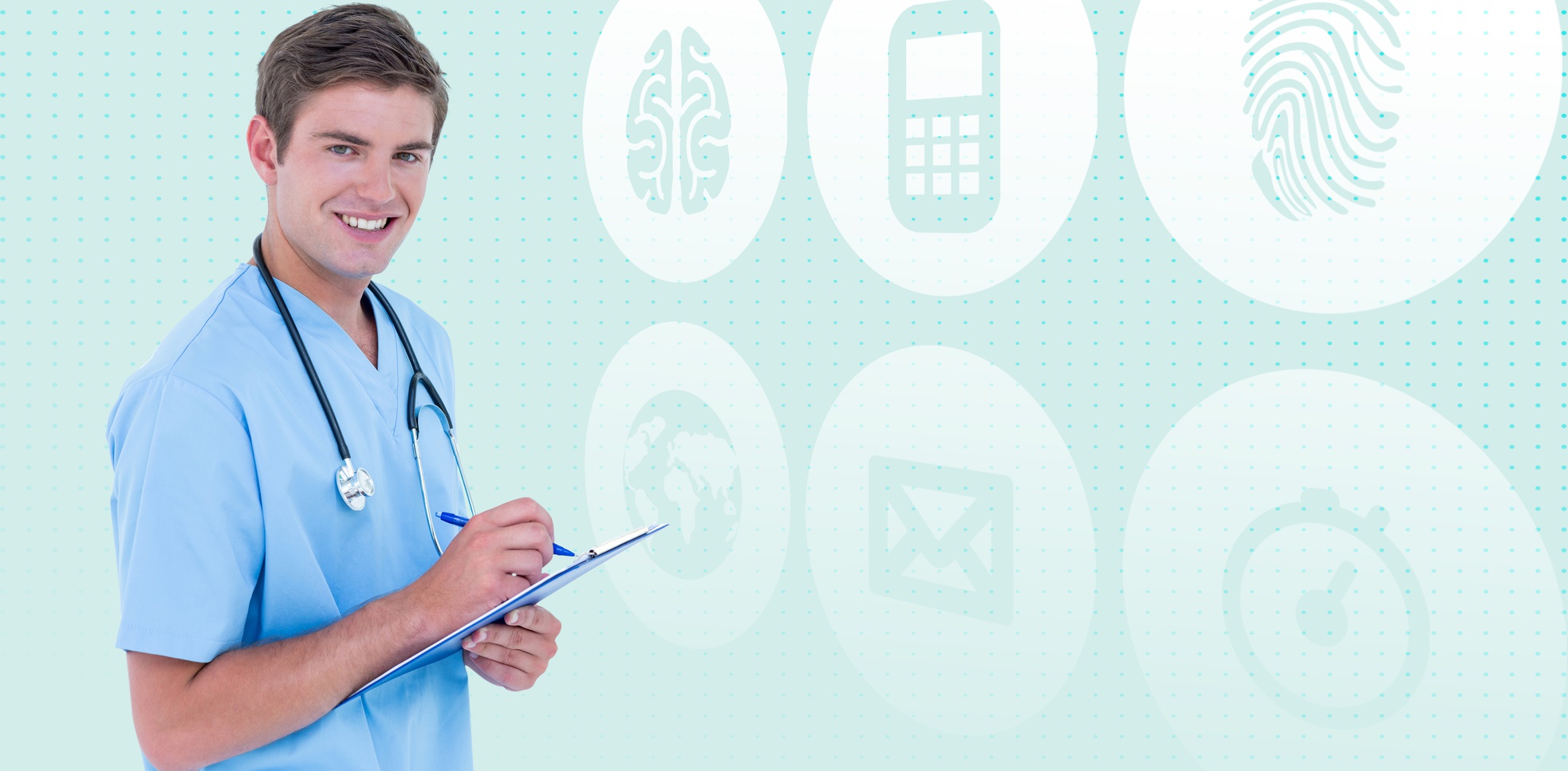Composite image of portrait of smiling doctor holding clipboard